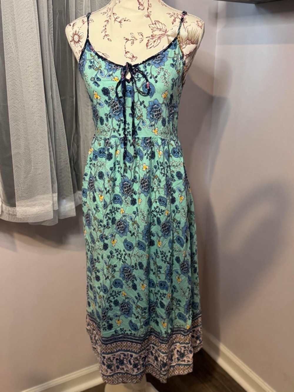 Teal Floral Maxi Skirt Dress with Tie Front